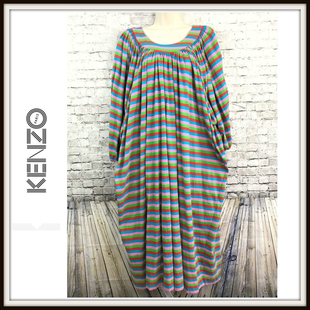 Vintage 1980s Kenzo Striped Oversize Smock Tent Batwing Balloon Sleeve Caftan